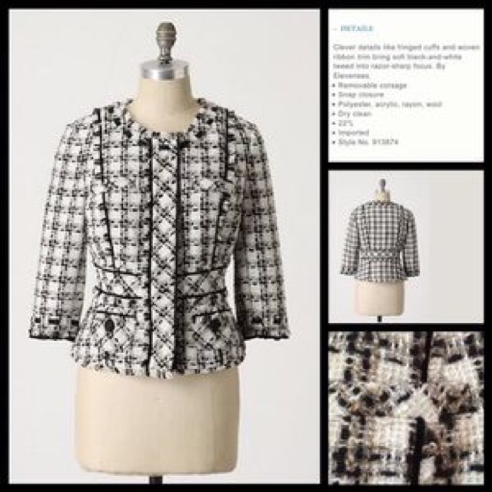 Anthropologie Black and White Tweed Peplum Blazer